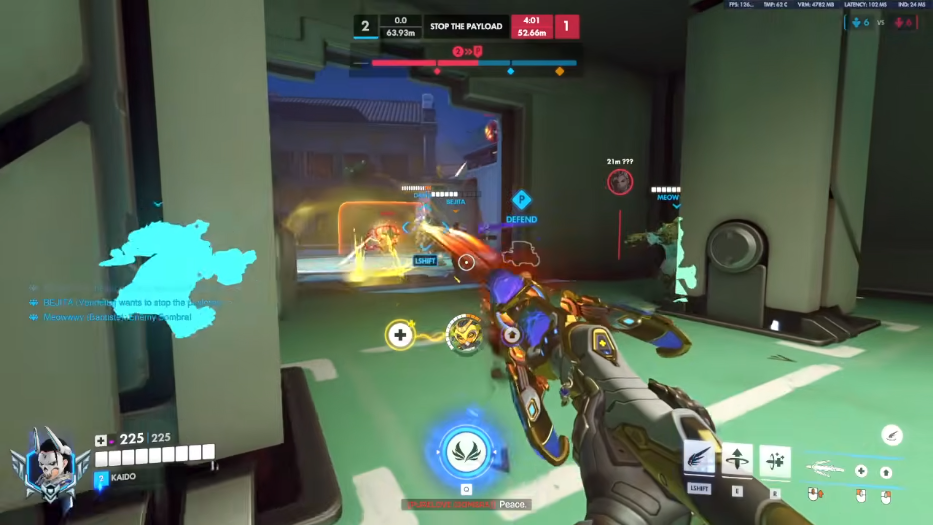 ESP silhouettes & distance Overwatch 2 ESP screenshot with cyan enemy silhouettes and distance markers through doorways